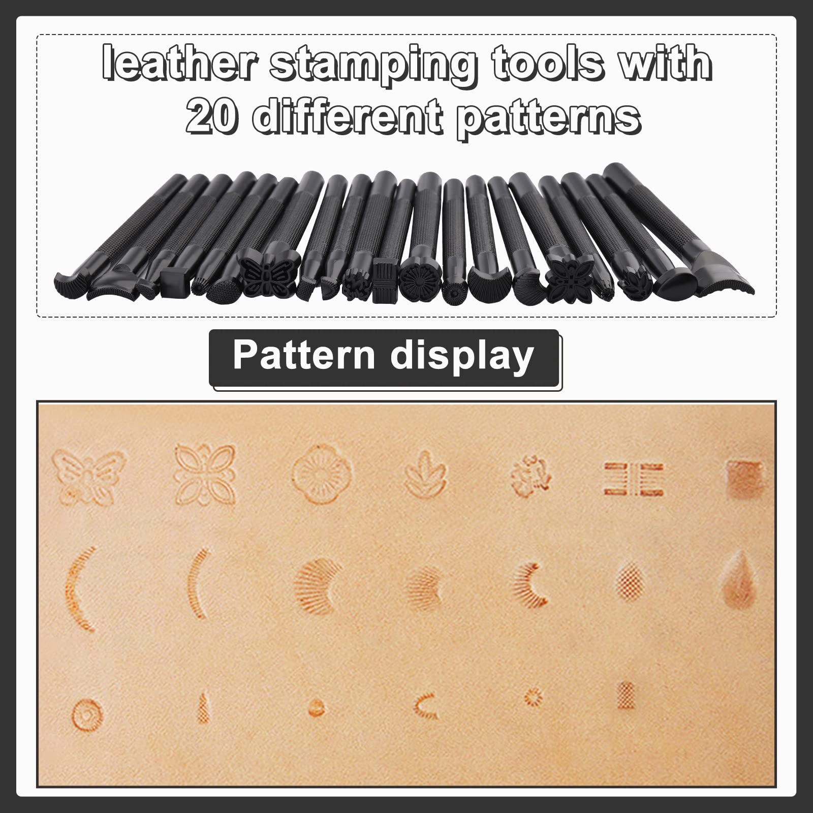 Wonvoc 21 Pcs Leather Stamping Tools, Leather Stamping Kit with 20 Patterns, Leather Carving Kit, Leather Stamping Tools Geometric, Leathercraft Stamping Tools and Mallet for DIY Leather Crafts