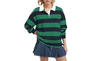 Lenader Women Long Sleeve Striped Polo Shirt Oversized Collar Y2k Pullover T Shirt Casual Loose Streetwear Rugby Sweatshirt