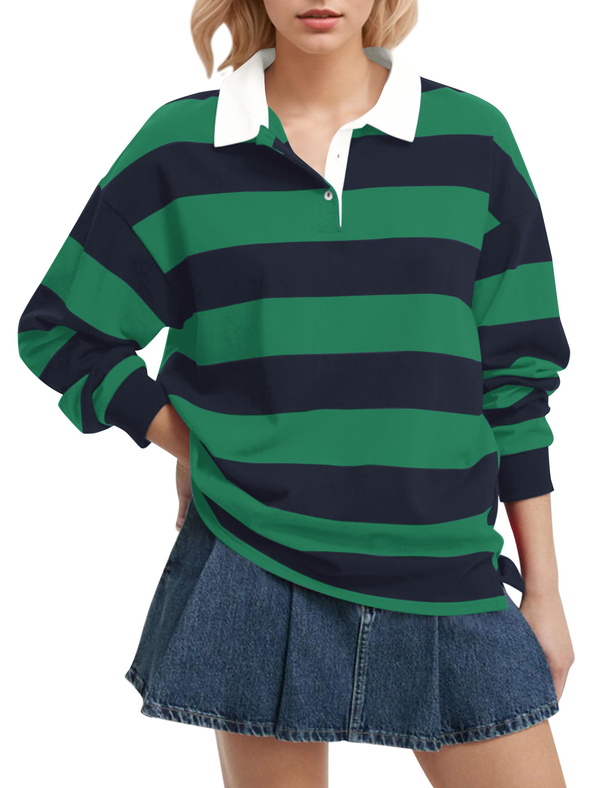 Photo 1 of * size unknown*Lenader Women Long Sleeve Striped Polo Shirt Oversized Collar Y2k Pullover T Shirt Casual Loose Streetwear Rugby Sweatshirt Green-Navy 