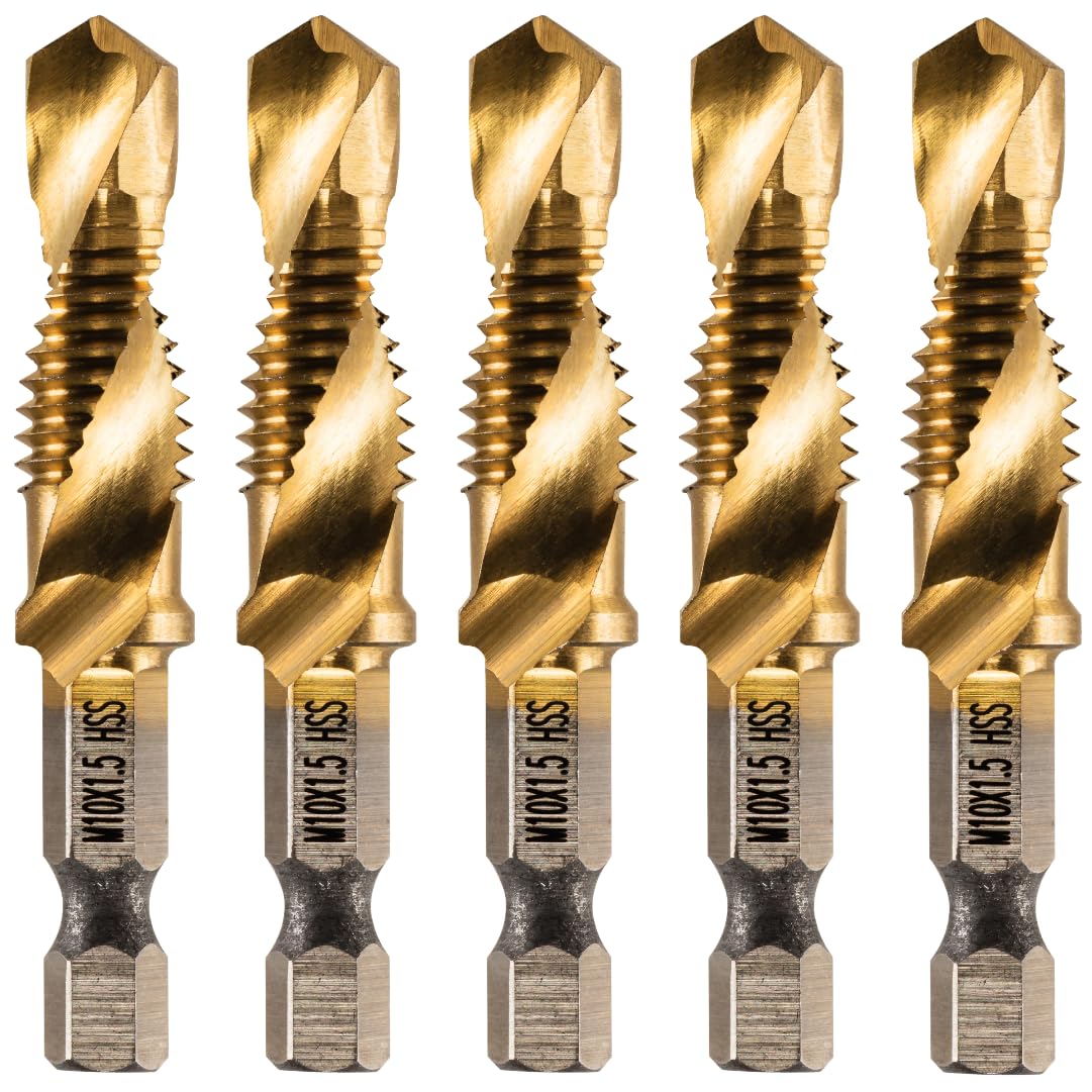 Rennie Tools - Pack Of 5 - M10 x 1.5 Combination Drill and Tap Bit, 1/4" Hex Shank. Metric Coarse Titanium Coated HSS Spiral Flute Drilling Tapping Tool. 10mm x 1.5mm Pitch Drill Bit.