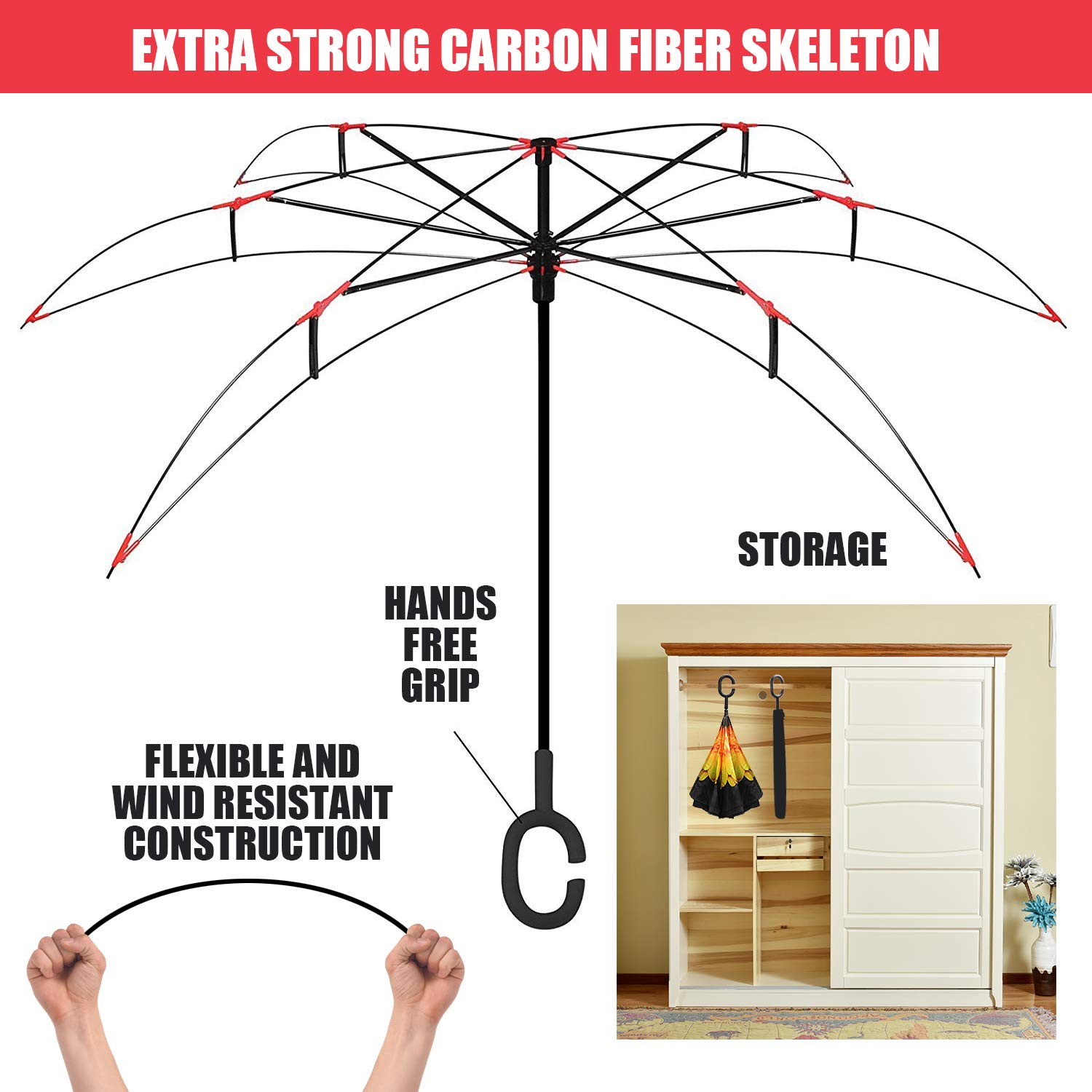 Monstleo Double Layer Inverted Umbrella Cars Reverse Umbrella, Windproof UV Protection Big Straight Umbrella for Car Rain Outdoor With C-Shaped Handle and Carrying Bag