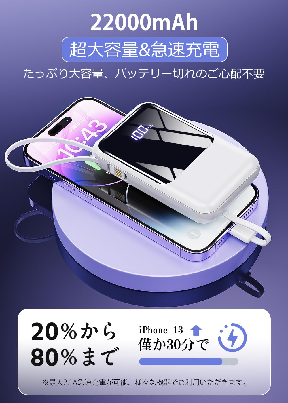 New Industry Design, 22,000 mAh Large Capacity, 4 Cables Built-in: Mobile Battery, Large Capacity, Rapid Charging, 4 Devices Simultaneously, LED Remaining Level Display, PSE Certified, Safety Circuit