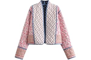 Arssm Women Floral Quilted Puffer Jacket Cropped Lightweight Patchwork Vintage Padded Short Coat Outerwear