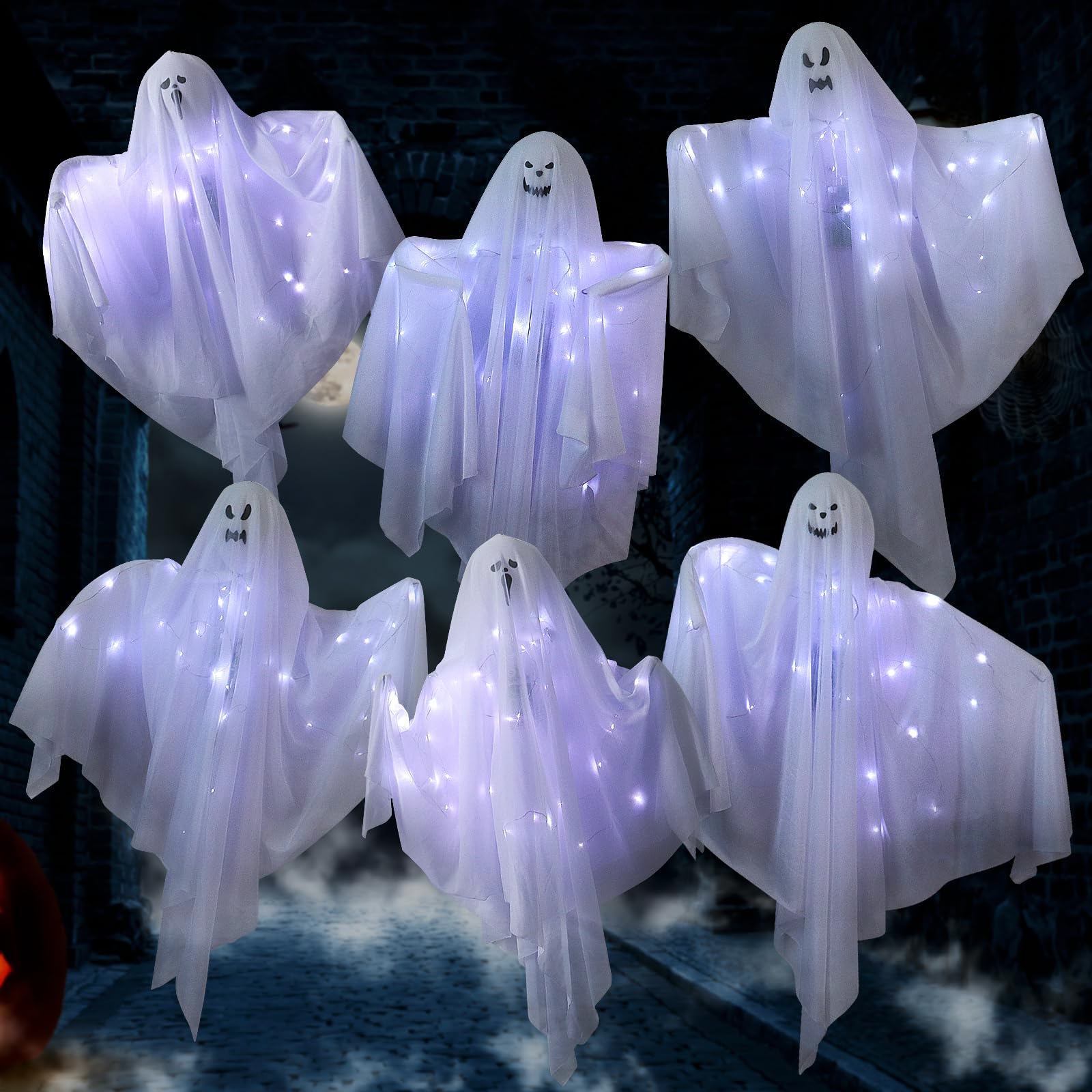 Photo 1 of 6 Pack Halloween Hanging Ghost Decorations with Lights, 27.5 Inch LED Light-Up Spooky Ghosts Indoor Outdoor Ornaments, Halloween Flying Hanging Ghosts for Haunted House Prop, Front Yard Patio Party