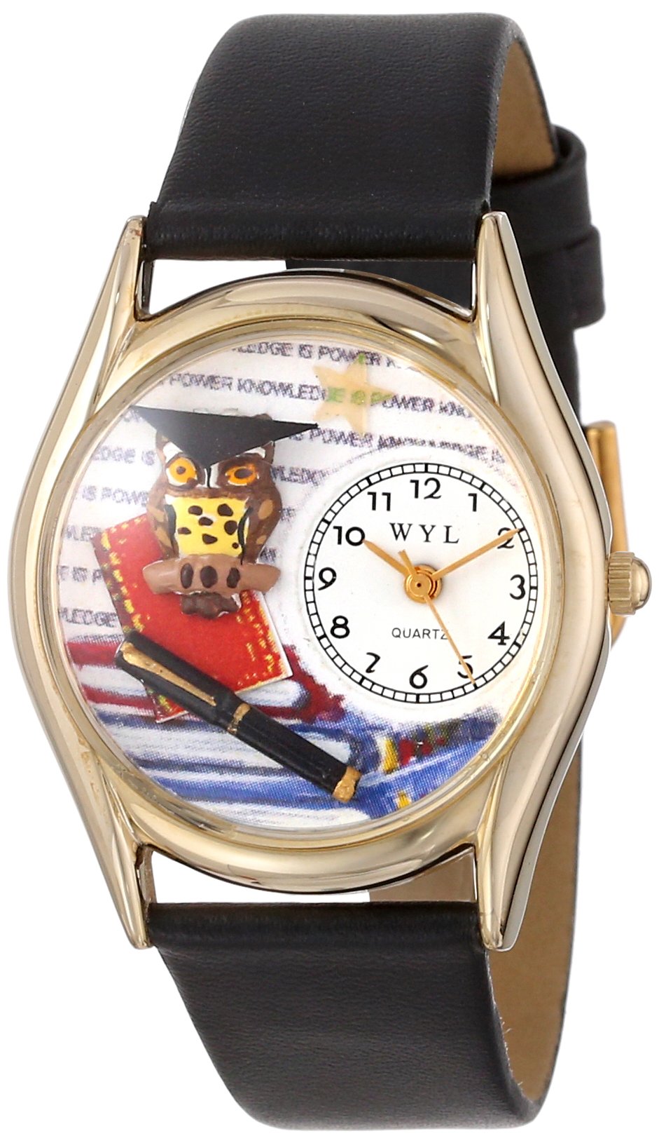 Whimsical Watches Knowledge is Power Black Leather and Goldtone Unisex Quartz Watch with White Dial Analogue Display and Multicolour Leather Strap C-0640006