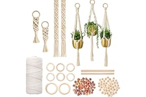 111PCS Macrame Plant Hanger DIY Knitting Kit – 109Yd 3mm Cotton Cord, 8PCS Wood Rings 100PCS Beads 2PCS Sticks, Craft Set Ide
