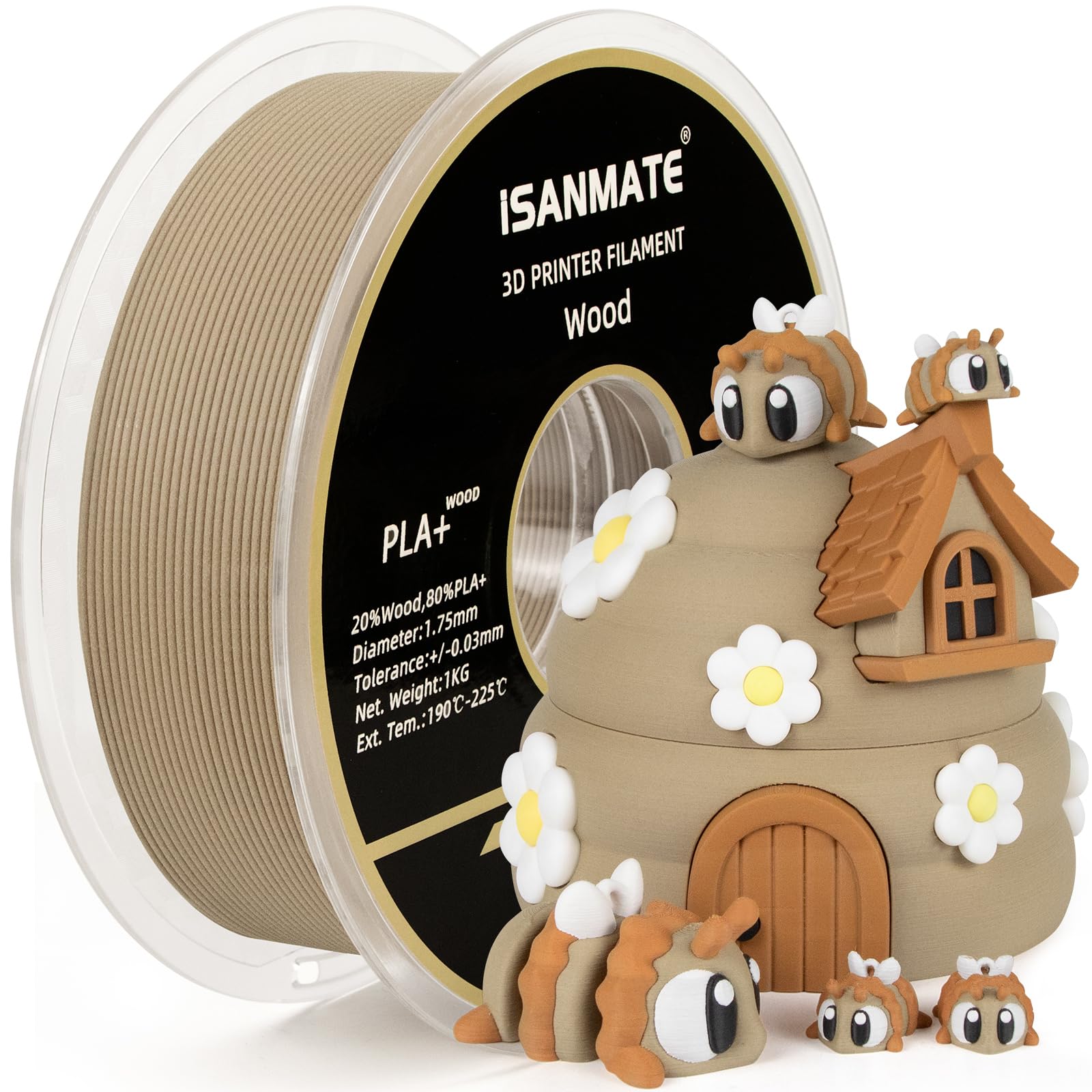 iSANMATE PLA Wood Filament 1.75mm, White Pine Wood 3D Printer Filament, 1KG/Spool, Dimensional Accuracy +/- 0.03 mm, 20% Wood Flour + 80% Polylactic Acid