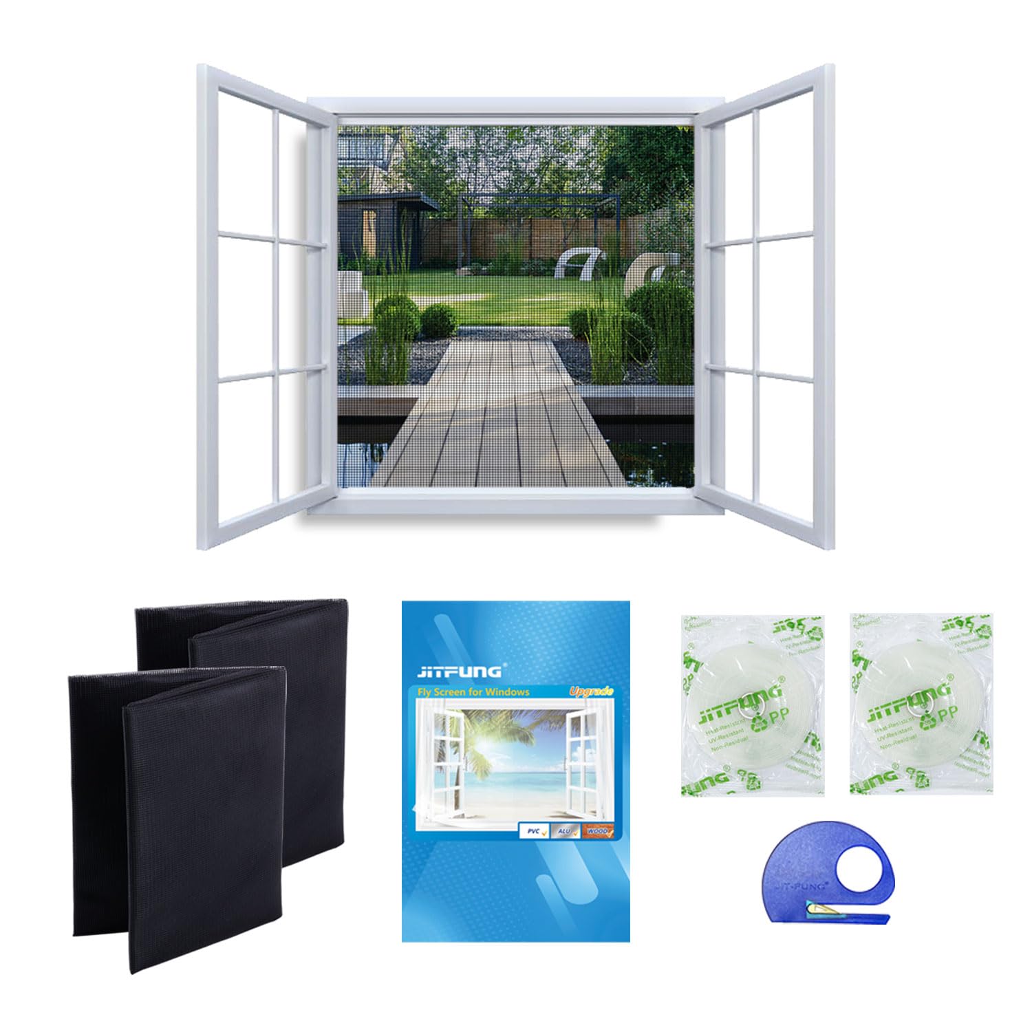 JIT-FUNG DIY Fly Screen for Windows, 2 Packs of Mosquito Net Insect Mesh 130x155CM with 2 Rolls [UPGARDE] Self-Adhesive Tapes & Cutter, Black (Square, Set of 2)