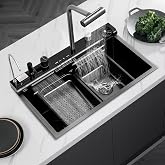 30in Black Drop In Kitchen Sink Multifunctional Digital Display Smart Drop In Kitchen Sink Honeycomb Nano Modern Kitchen Sinks with Cutting Board &amp; 4 in 1 Pull-Out Faucet Workstation Sink