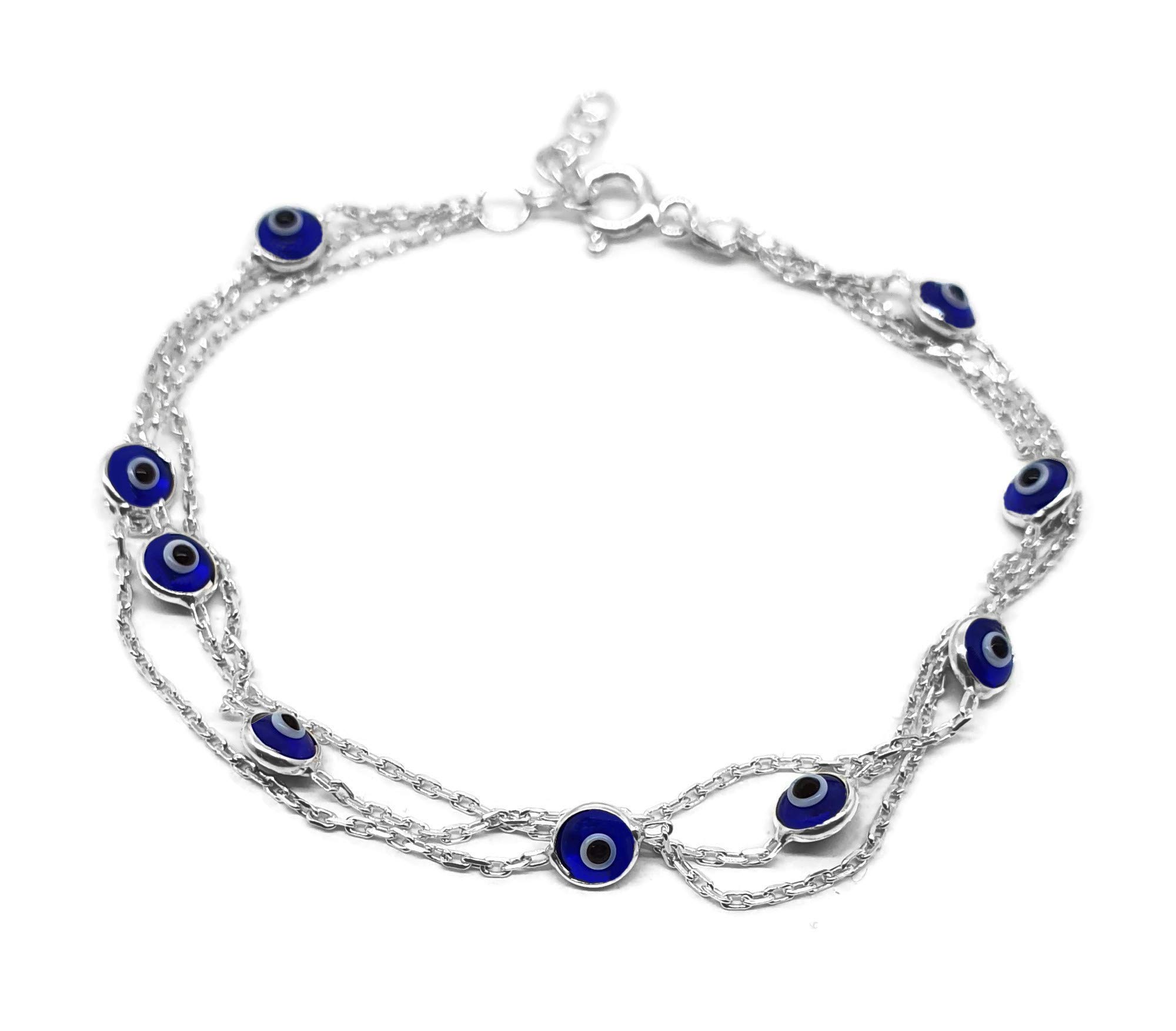 MYSTIC JEWELS by Dalia - 19 cm Silver Evil Eye Bracelet on Triple Chain with Little Eyes - for Good Luck, Crystal, (Navy Blue)