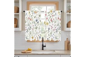 DOTOOMA Watercolor Floral Kitchen Curtain Rustic Farmhouse Spring Flowers 26x36Inch Half Voile Window Treatment Tiers Semi Sh