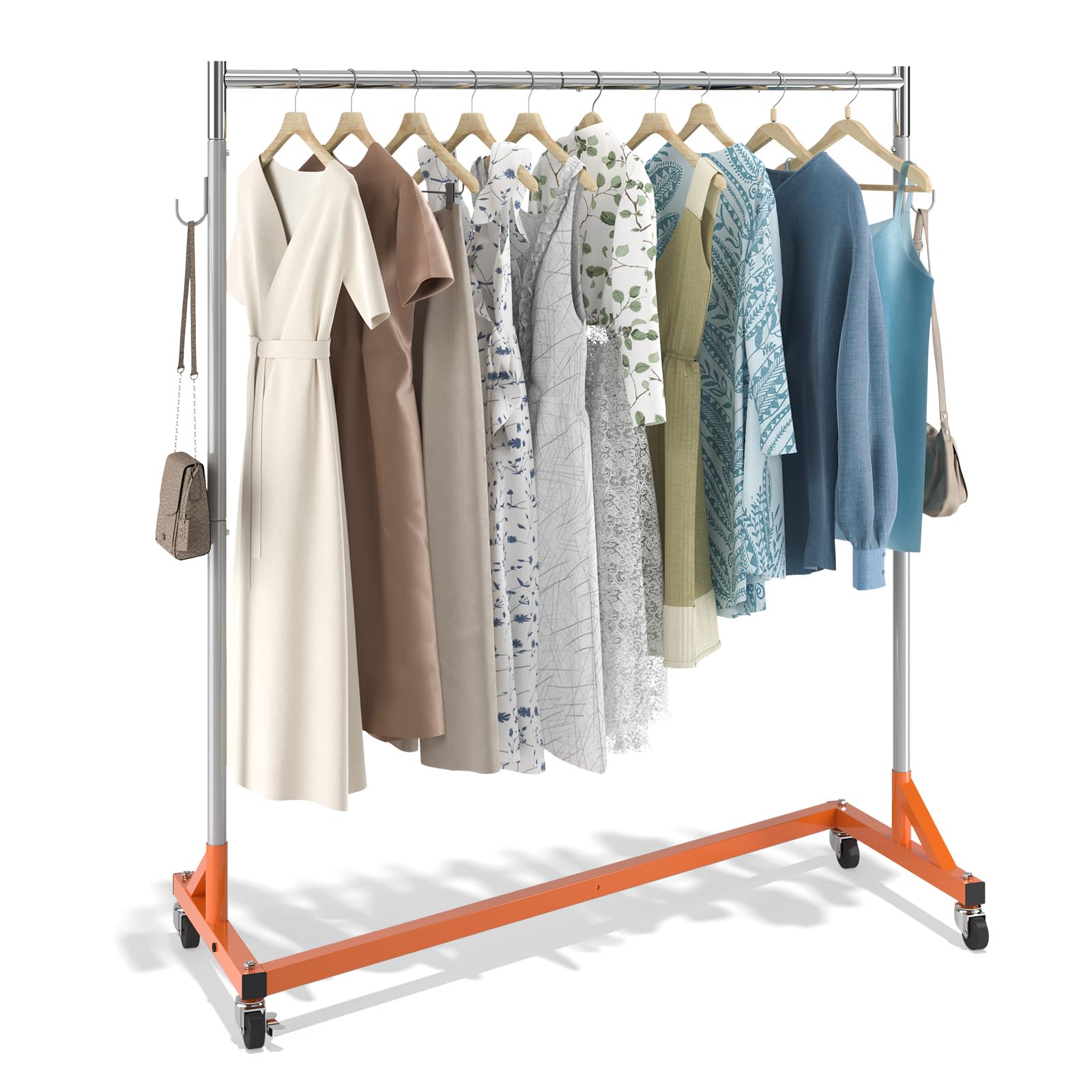 Photo 1 of VEVOR Z Rack, 300 lbs Industrial Grade Z Base Garment Rack, 24" x 63" x 71" Clothes Rack, Sturdy Steel Heavy Duty Clothing Rack w/Lockable Casters for Home Garment Store Orange