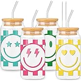 Whaline 4 Pack Preppy Checkered Glasses Cups Happy Face Drinking Glasses 16oz Ice Coffee with Bamboo Lid and Straw for Cocktail Whiskey Beer Soda Decor Gift