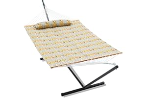 Gafete 55'' Double Hammock with Stand Included, Jacquard Fabric Hammocks with Hardwood Spreader Bar & Pillow for Patio Outdoor, 12ft Heavy Duty Steel Stand Two Person, Max 475lbs Capacity (Reindeer)