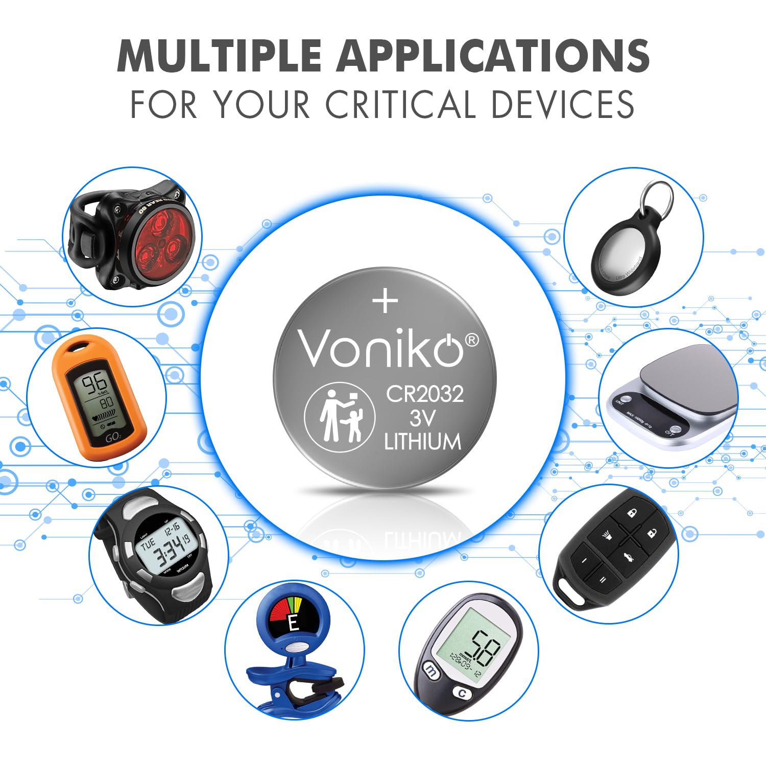 Voniko CR2032 3V Lithium Batteries 6 Pack for Child Safety, Compatible with AirTag, Key Fobs, Thermometers, Scales – 7 Years Shelf Life