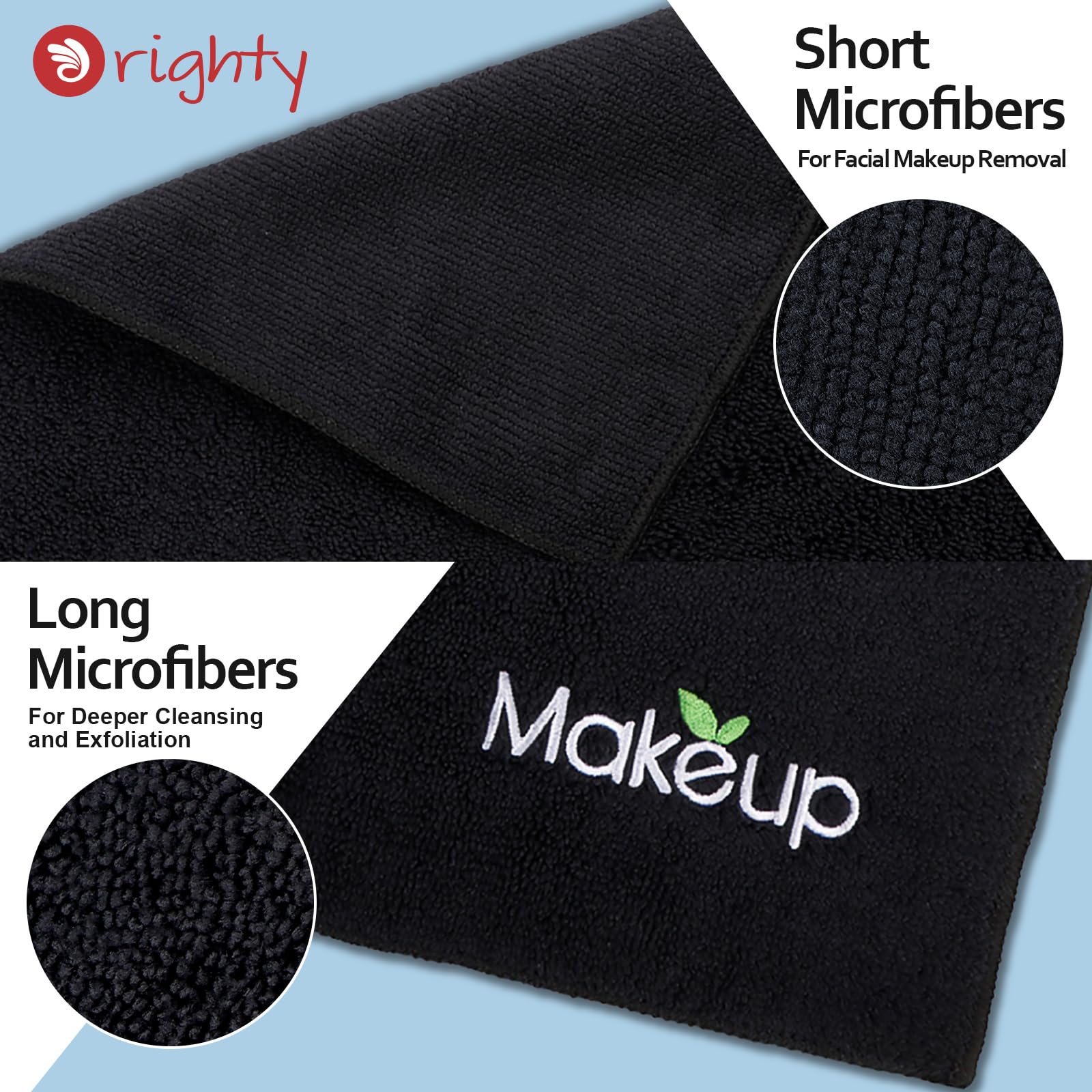 Orighty Microfiber Makeup Remover Cloths - Super Soft, Quick Dry Face Towels for Cleansing, 13 x 13 Inch, 6 Count, Black