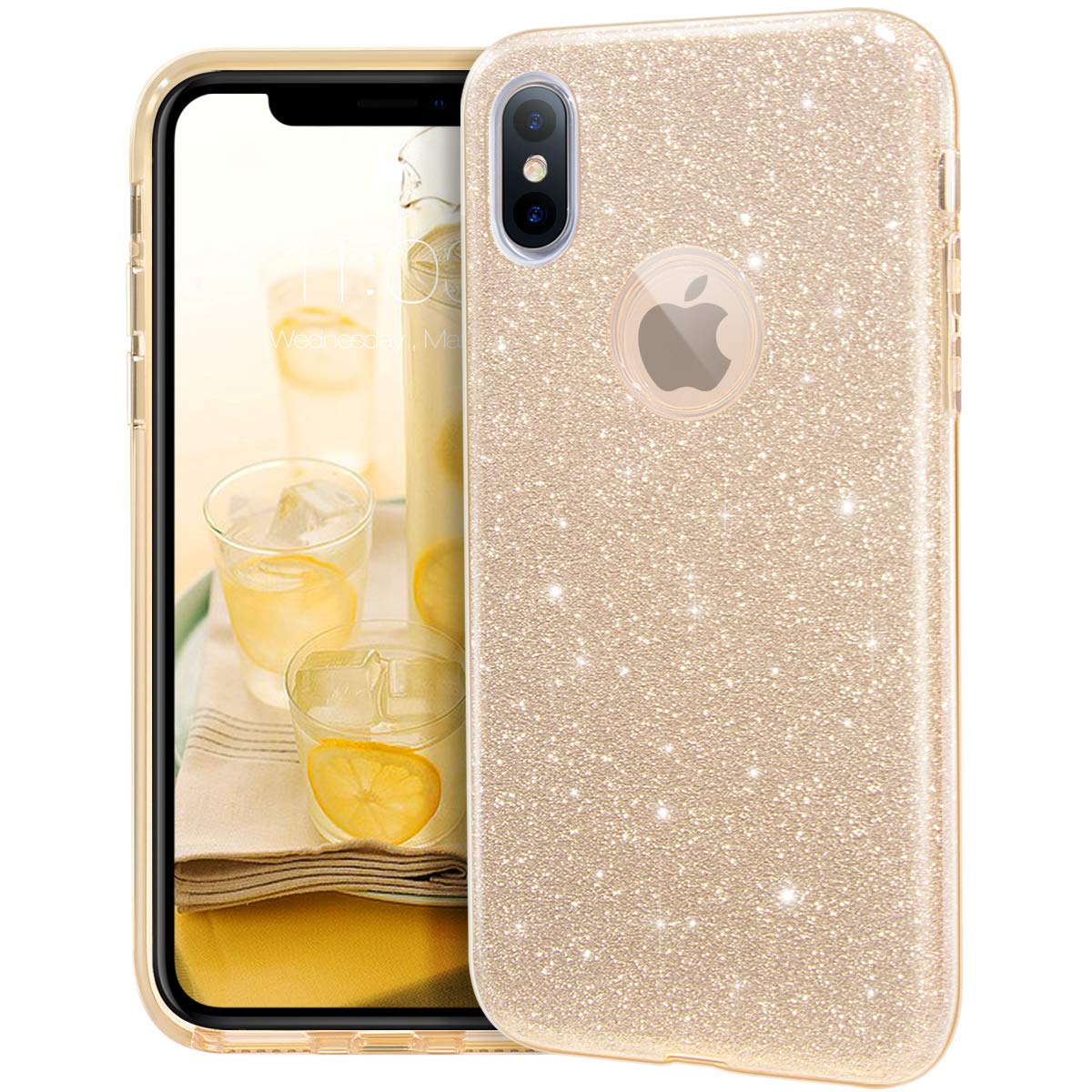 MATEPROX Glitter Case Compatible with iPhone X/iPhone Xs Cases Glitter Sparkle Sparkly Bling Cute, 3 Layer Hybrid, Anti-Slick Protective Cover-Gold