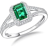 RANDES 925 Sterling Silver Emerald Cut Engagement Ring Created Gemstome Cubic Zirconia Wedding Promise Ring Split Shank Halo Birthstone Rings for Women Size 6-10