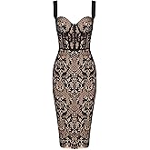 Lace Fishbone Midi Cocktail Party Bandage Dress for Women Back Slit Wedding Guest Dress
