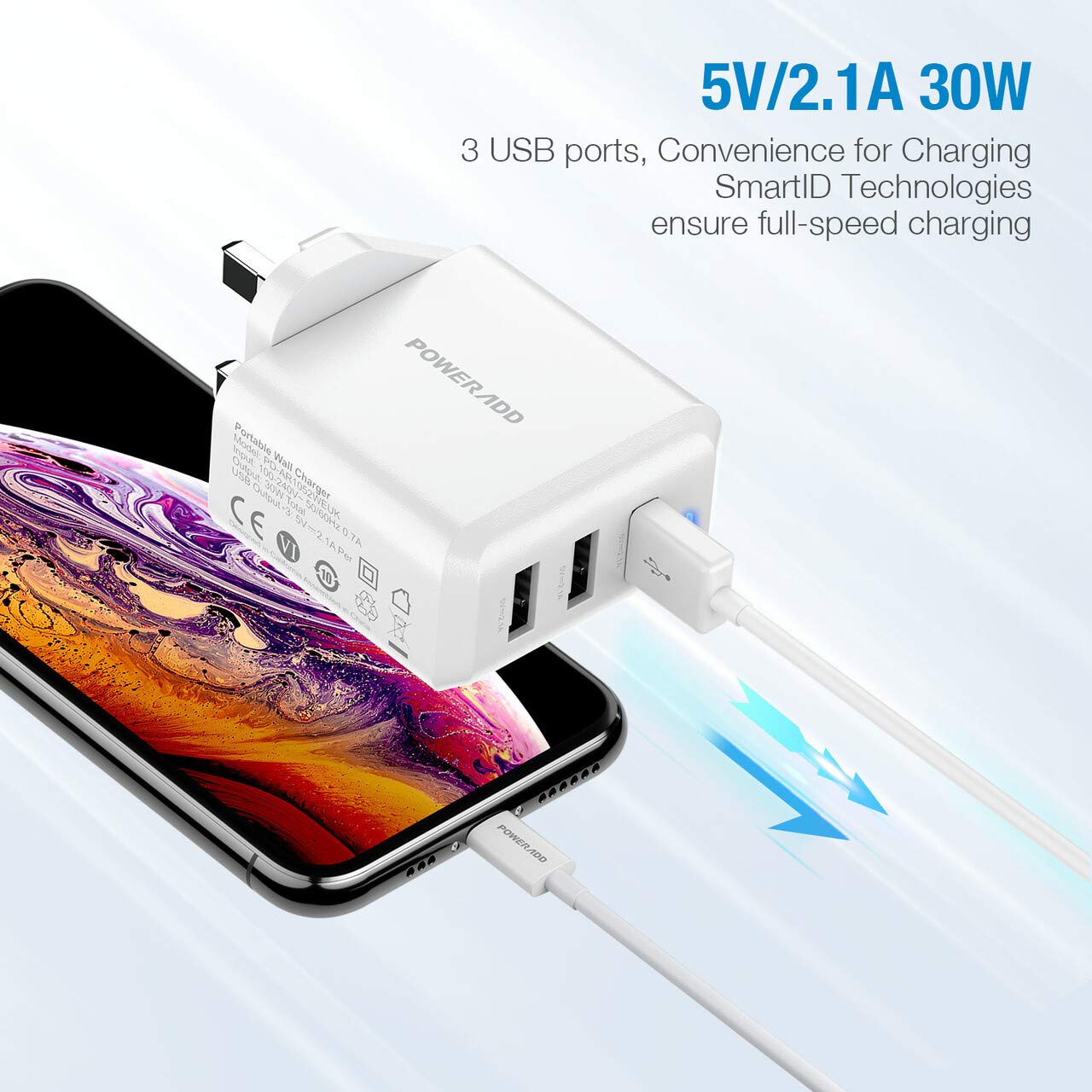 Poweradd 30W Main Charger, 3-Port USB Wall Charger, USB Plug Chargers Compatible with Apple iPhone 11 Pro/XS Max/XR/X/8/8 Plus, Galaxy, iPad and More - White
