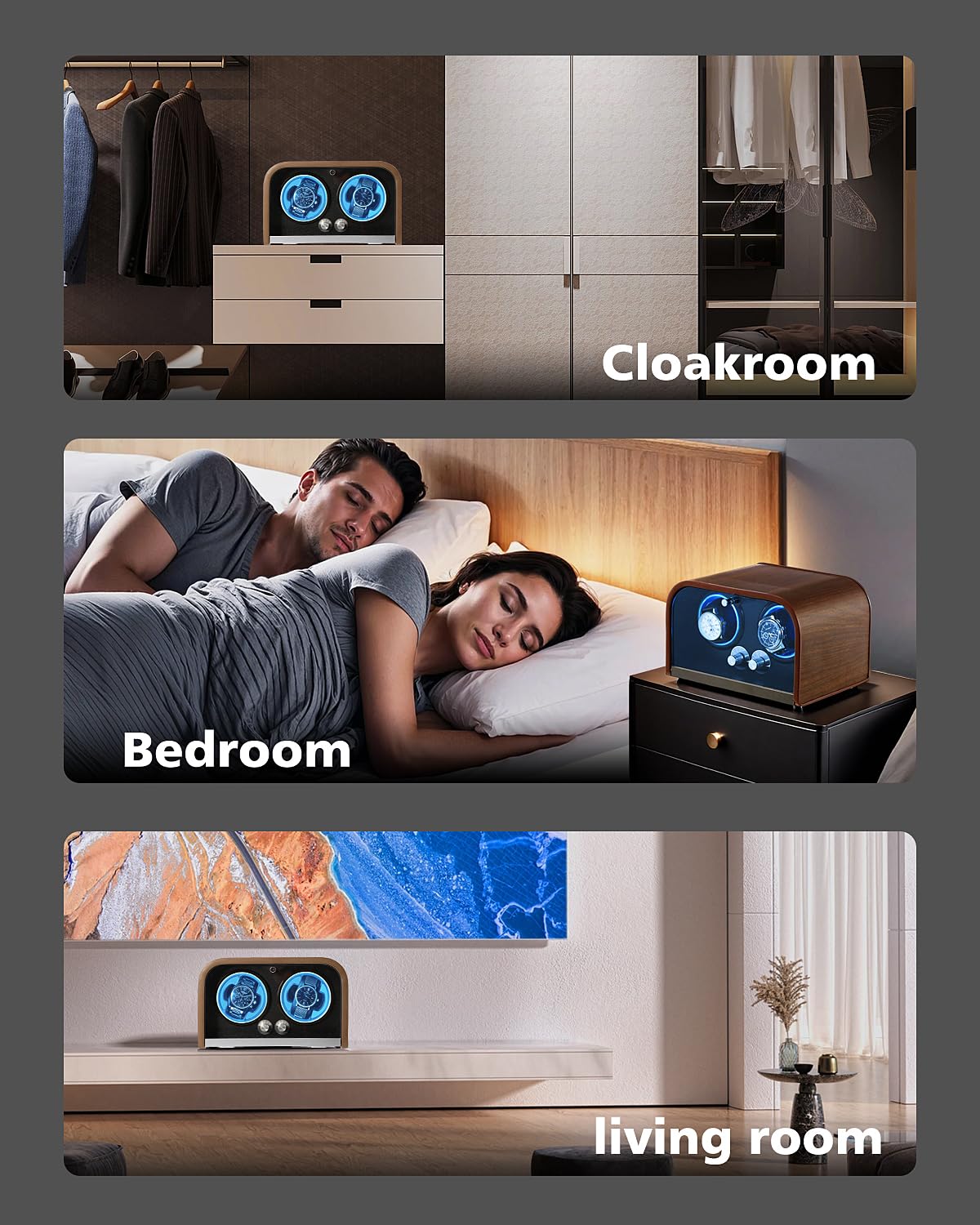 Clewcks Watch Winder for Automatic Watches, Watch Winders Box for Rolex,Double Japanese Silent Motor, 4 Rotation Mode Setting, Blue Light, Plug-in or 2 * AA Batteries (not included), Retro Style, Gift for man