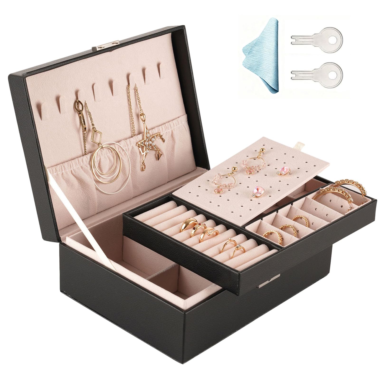 LeeFyy Gifts for Women - Jewellery Organiser, 2 Layer PU Leather Jewellery Box with key, Jewelry Box for Women, Jewellery storage Organiser for Necklace Earrings Bracelet Ring Accessories