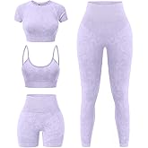 YOAKUKA Women's 4 Piece Workout Sets Seamless Acid Wash Tops Sports Bra High Waist Shorts Leggings Active Set
