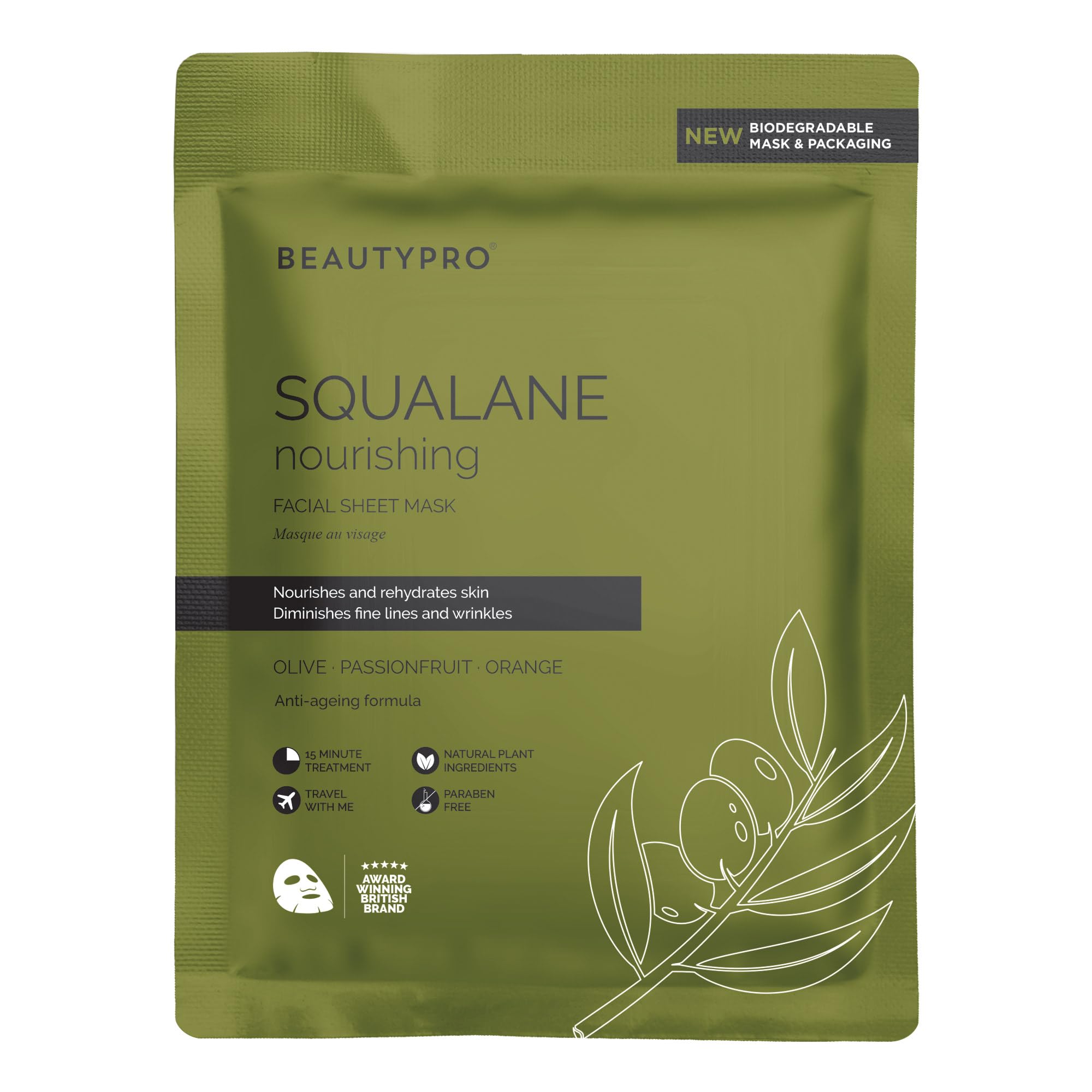 BEAUTYPRO SQUALANE Face Mask Nourshing Anti-Ageing Hydrate Radiant Complexion Plant Based Olive Extract Natural Facial Korean Vegan Skincare 100% Biodegradable Multi Award Winning Brand