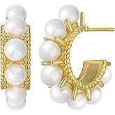 SWEETV 18K Gold Plated Pearl Hoop Earrings for Women, Small Pearl Huggie Hoops with 925 Sterling Silver Post, Lightweight Open Circle Round Pearl Earrings Jewelry Gift for Women