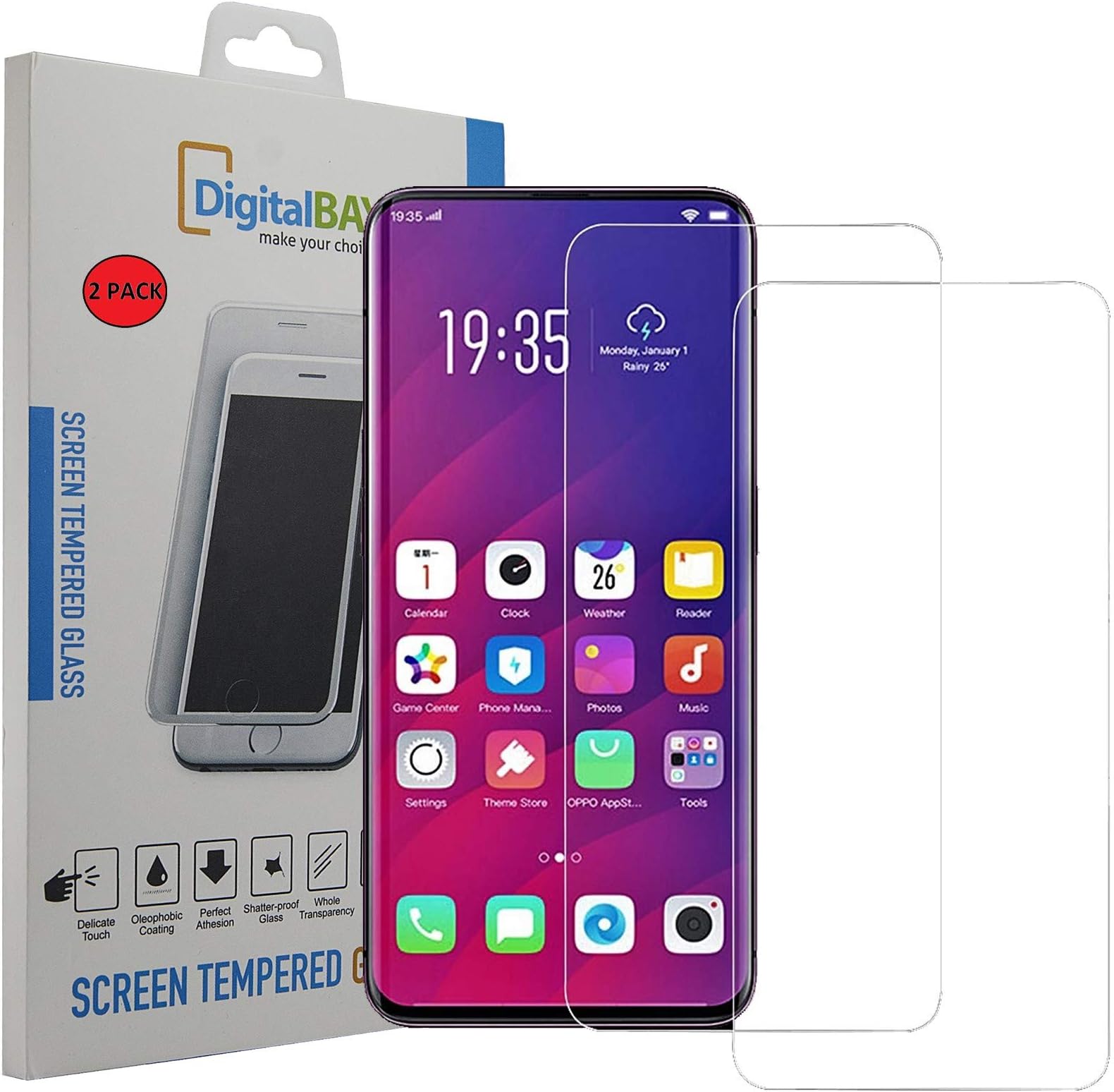 2 x Pack Tempered Glass Screen Protector Oppo Find X Digital Bay Touch Screen Protector Oppo Find X Protector Protection Glass Screen Protector for Oppo Find X. Glass with 9H Hardness, 0.2 mm