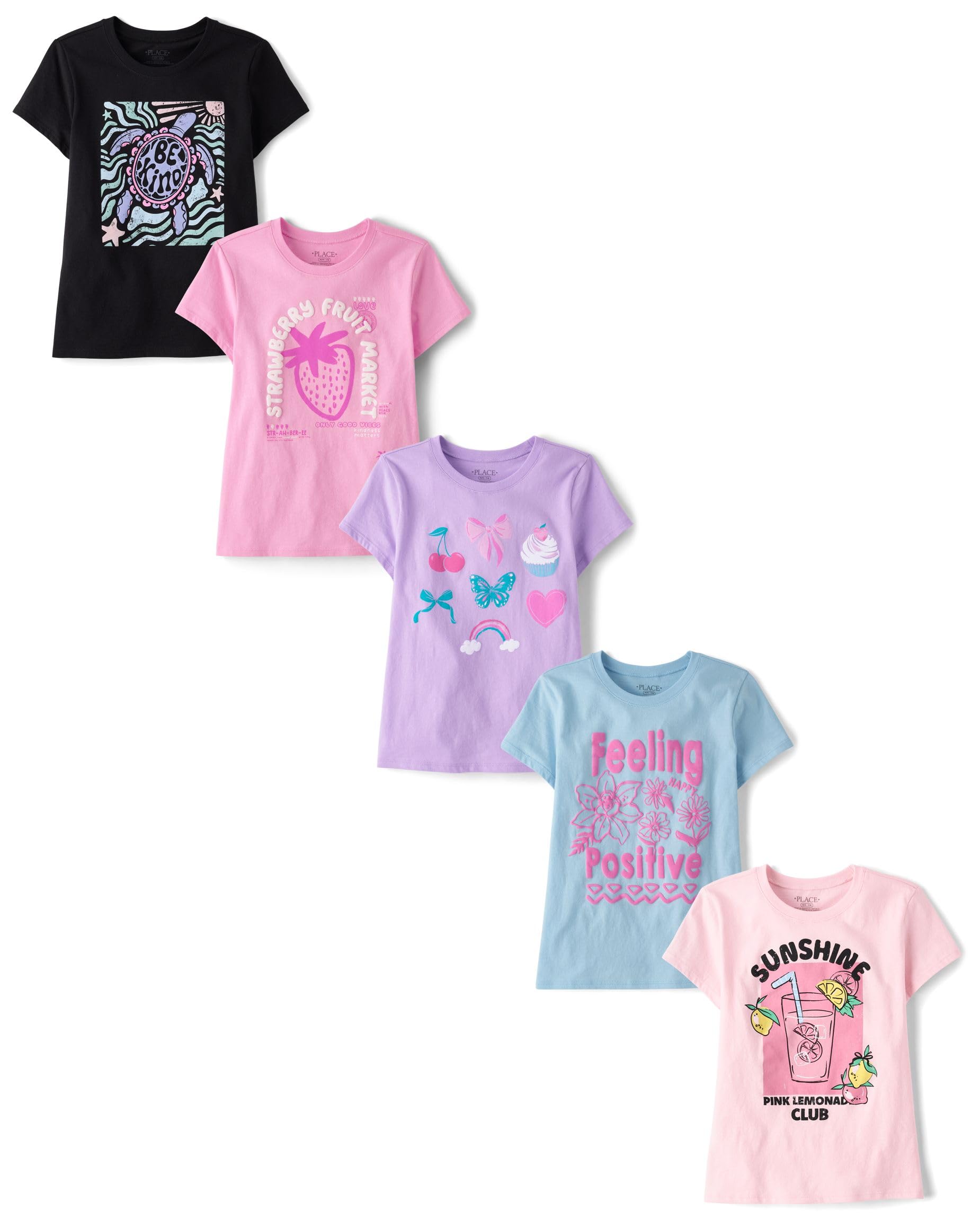 The Children's Place,Girls,Trends,Icons Short Sleeve Graphic T-Shirts,5 Pack,Sun/Strawberry/Positive/Icons/Turtle,Small Image