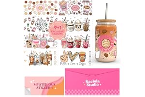 Kaciola 10 Sheets UV DTF Cup Wraps for 16 oz- Coffee Theme UV DTF Stickers, 1 Sheet Mysterious Pattern Transfer, Rub on Transfers Stickers for 16 oz Libbey Glasses Crafting