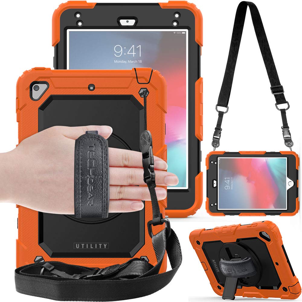 TECHGEAR UTILITY Case fits Apple iPad Mini 5th Gen 2019 / iPad Mini 4 Tough Rugged HEAVY DUTY Armour Shockproof Protect Case 360 Degree Rotating Stand, Hand Strap and Shoulder Strap Case - Orange