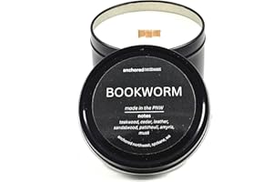 Anchored Northwest - Bookworm Travel Tin Candle, 6oz Black Metal Tin, American Cedar Wood Wick, Hand Poured, Essential Oil Blend 100% Soy Wax, 35+ Hour Burn