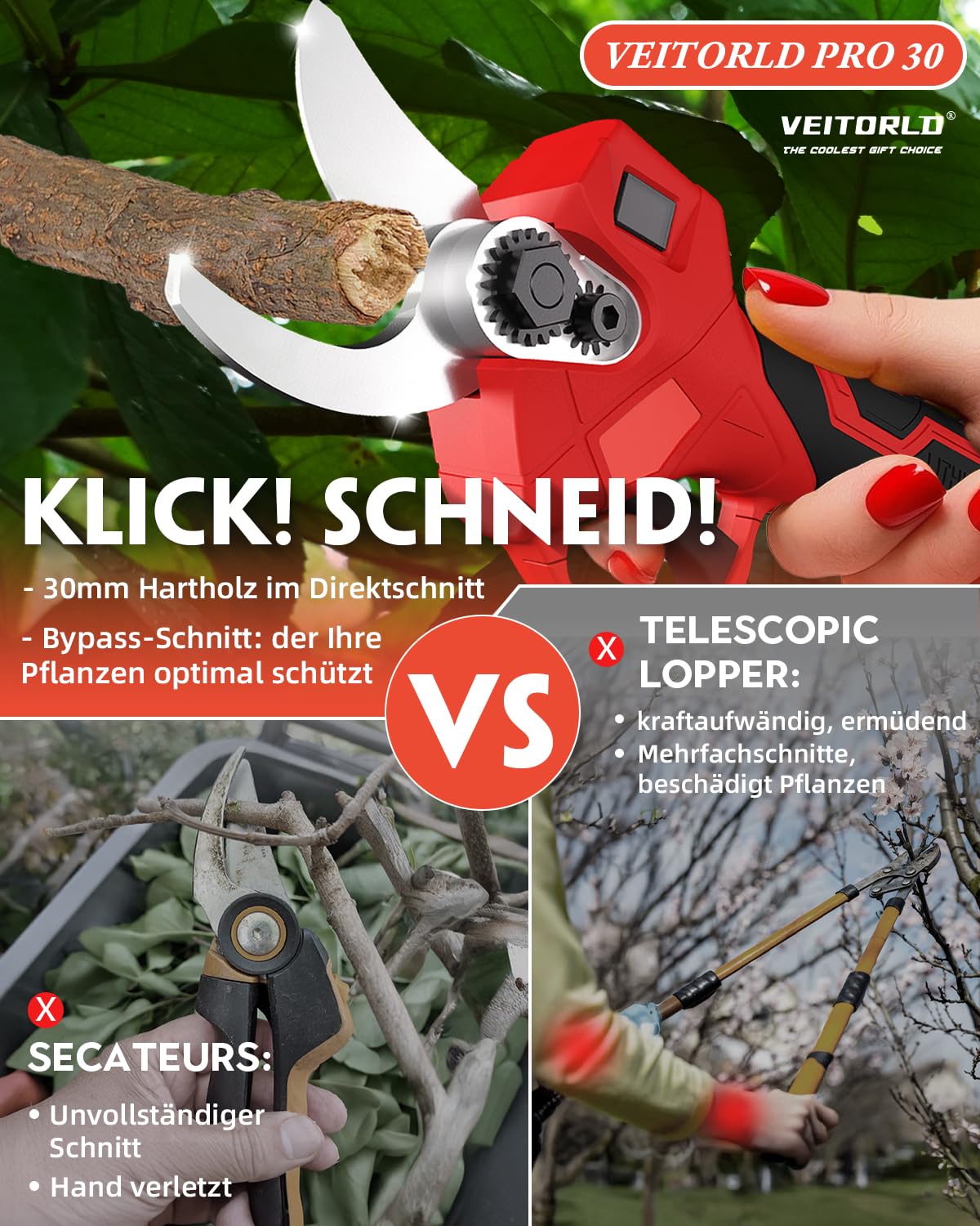 Akku Astschere, 30MM Gartenschere mit 2 Akku 2000mAh, 1000W Bürstenloser Motor Bypass Baumschere, Elektrisch Garten Schere mit LED-Schnittzählerm -Geschenke für Männer Papa Mama Frauen 2
