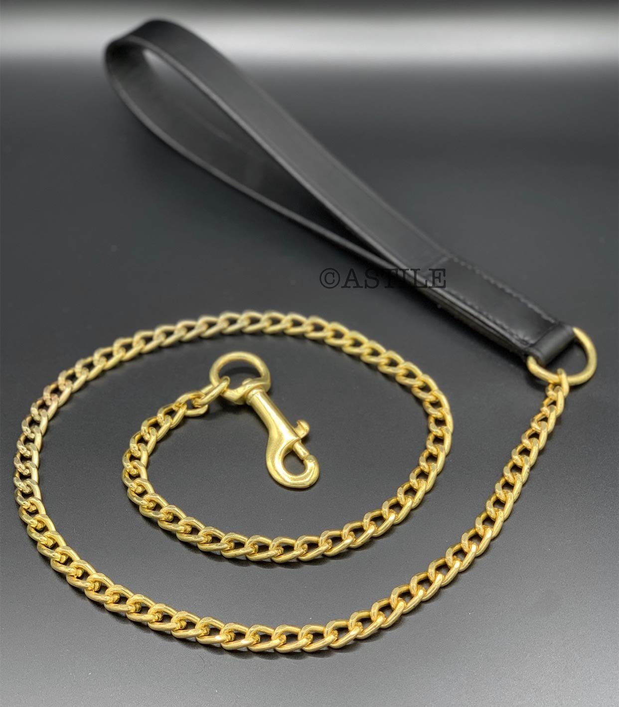 Gold Chain Dog Lead Heavy Duty dog lead with Black Leather Handle Strong Dog Leash 34 Inch Long
