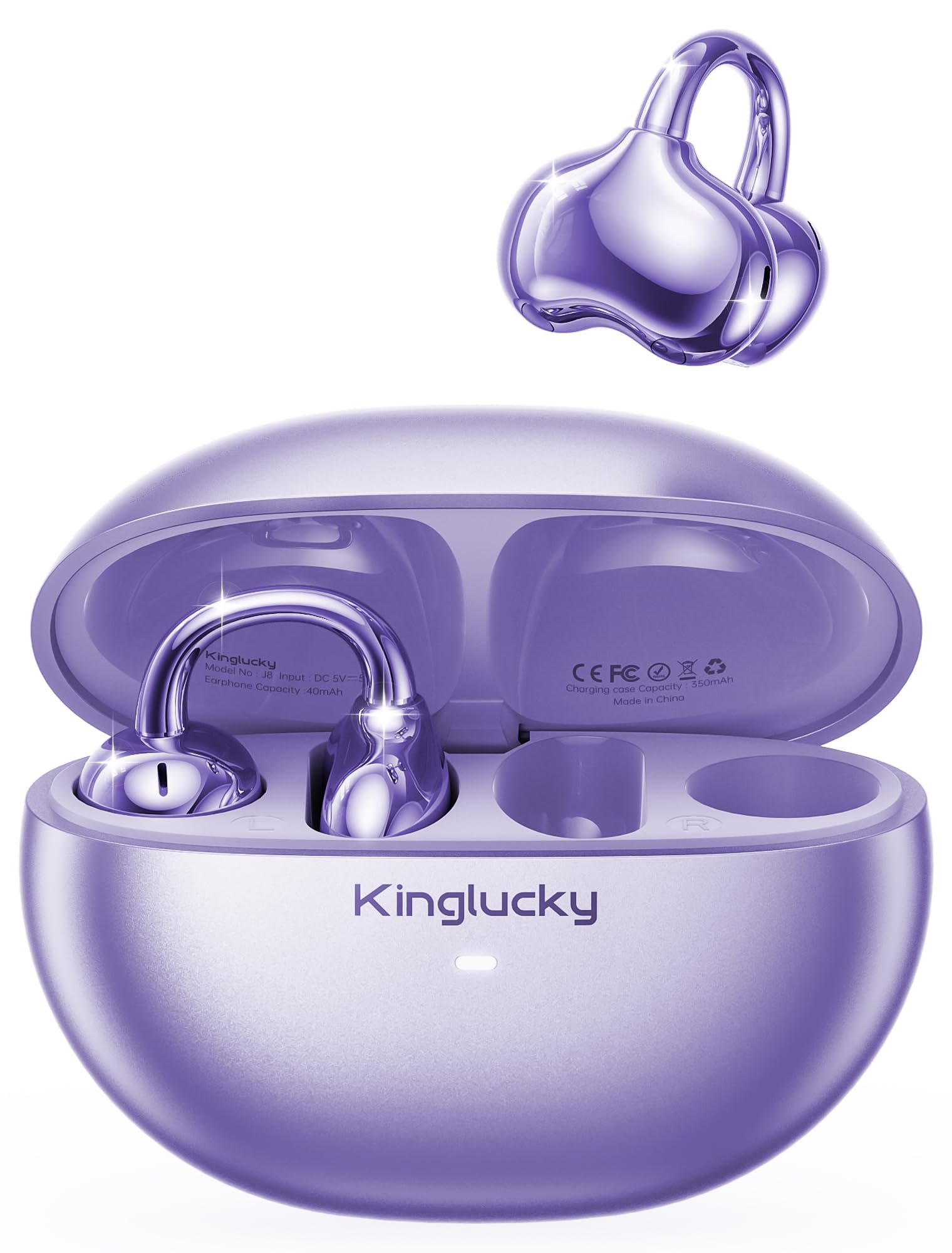 Kinglucky Upgraded Clip-On Earbuds Comfortable fit & Crystal-clear Sound, 40H Playtime Open Ear Buds Bluetooth 6.0 Wireless Headphones for Women Ideal for Small Ears, Sports & Workouts, Glasses Purple