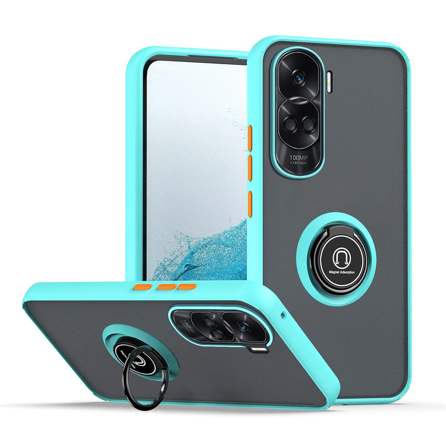 BORYA Shockproof Case for Honor 90 Lite 5G, Premium Translucent Frosted PC+TPU Bumper Silky Ultra Thin Matte Silicone Ring Magnetic Car Kickstand Cover, Sky Blue