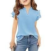 Haloumoning Girls Ruffle Short Sleeve T Shirts Kids Summer Cute V Neck Tops Blouses 5-14 Years