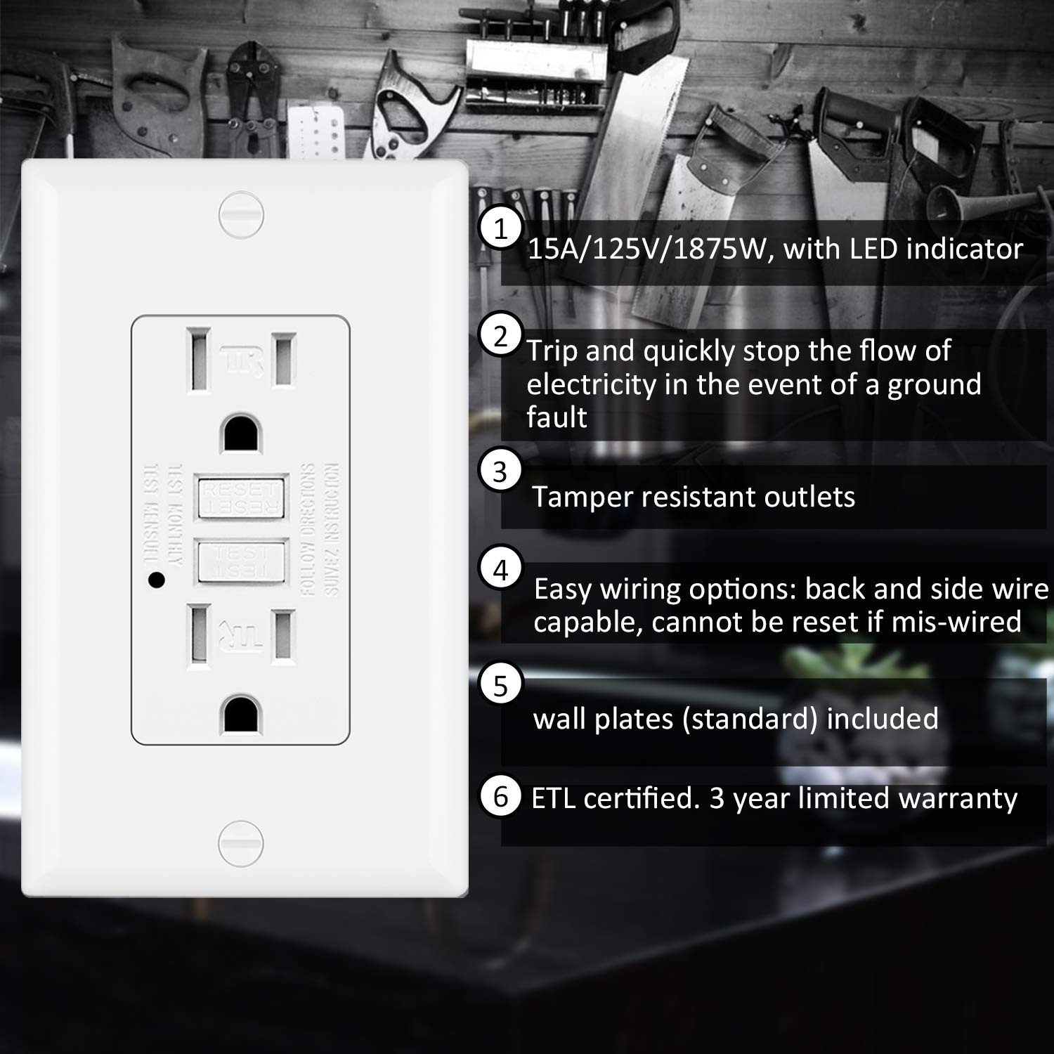 [10 Pack] BESTTEN 15 Amp GFCI Outlet, Tamper-Resistant(TR) GFI Receptacle with LED Indicator, Decorative Wallplate Included, ETL Certified, White: Industrial & Scientific