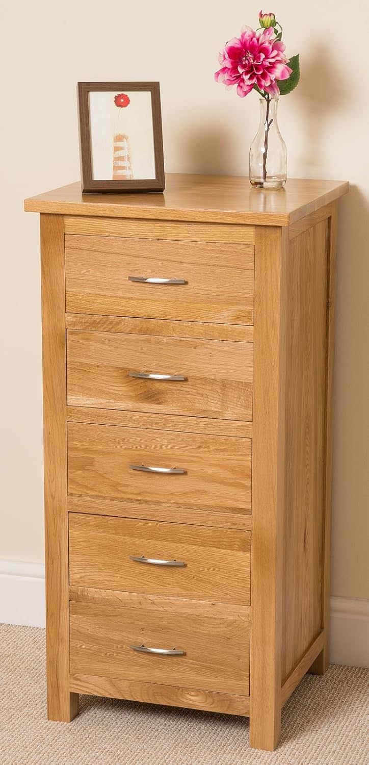 Boston Solid Oak 5 Drawer Tall Boy Chest of Drawers Amazon.co.uk
