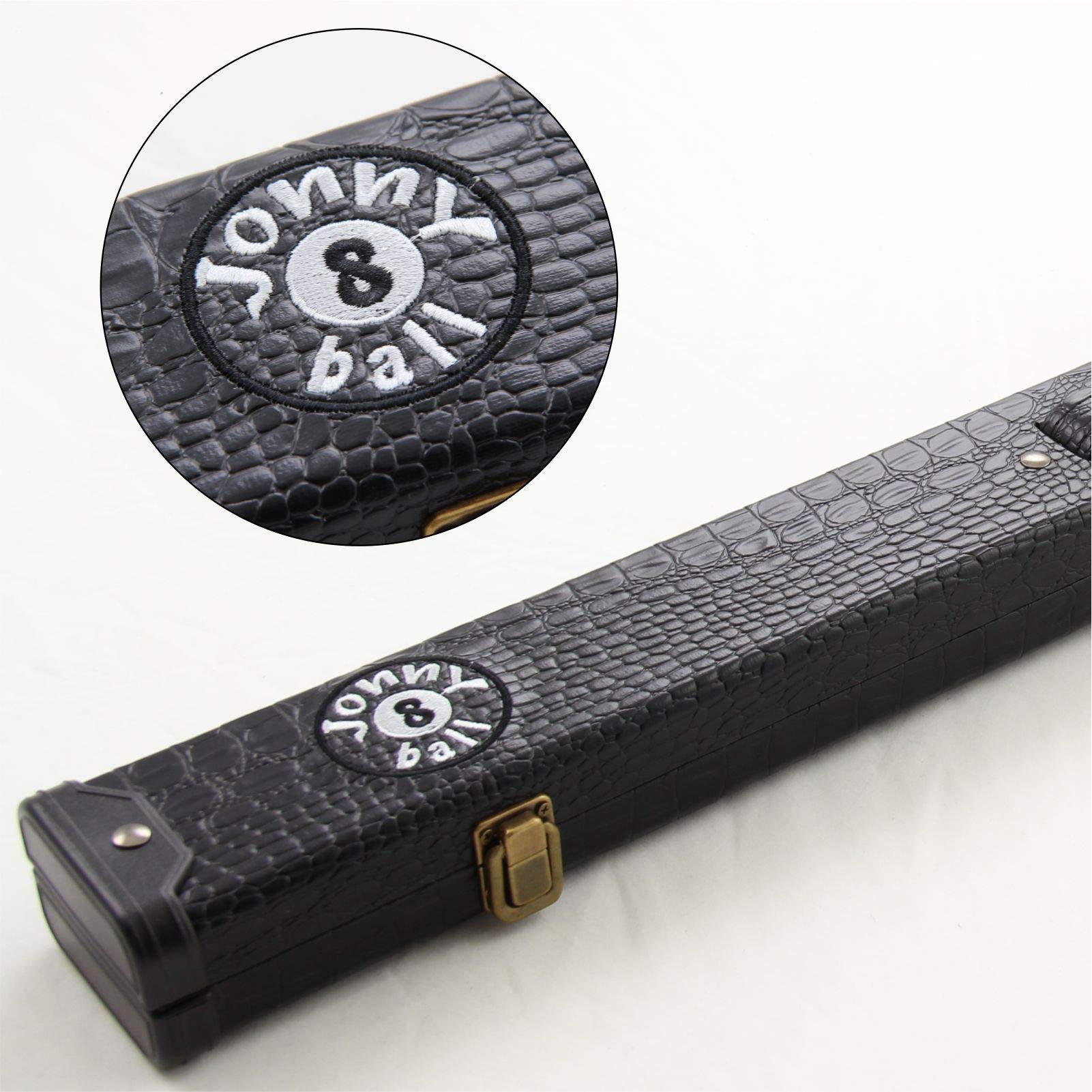 Jonny 8 Ball Black Crocodile Leather Design 2 Piece Cue Case For Snooker or Pool Cue. With Flexible Carry Handle and Premium Suede Style Interior.