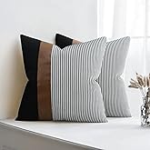 Modern Farmhouse Decorative Throw Pillow Covers 18x18 Set of 2 Black Striped Linen and Faux Leather Pillow Covers for Couch Sofa Bedroom Livingroom Neutral Accent Cozy Cushion Covers