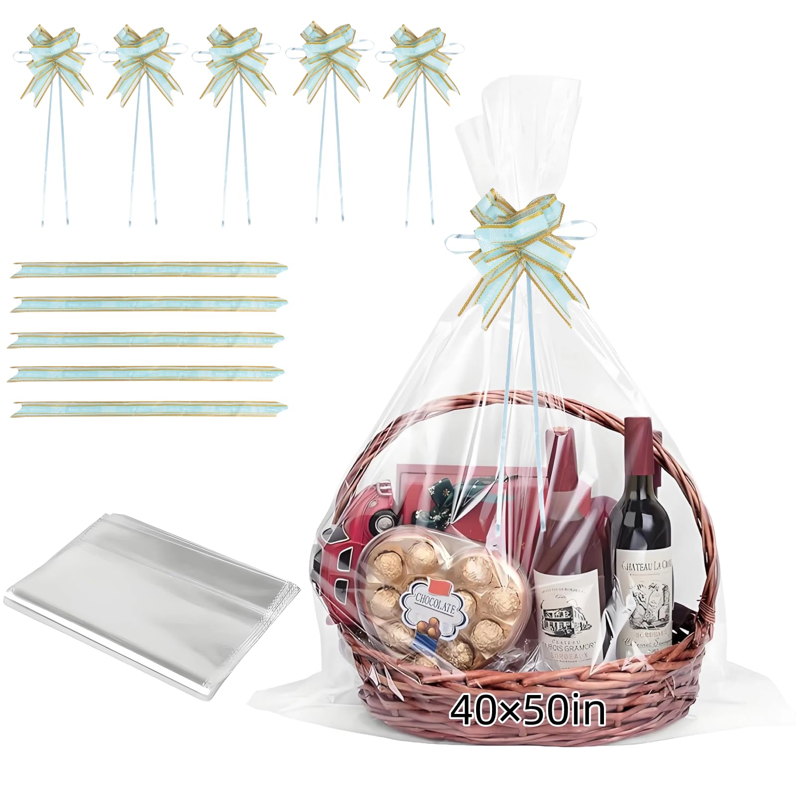 Photo 1 of 40’’x50’’ Extra Large Cellophane Bags with Bow Ties, Clear Plastic Cello Wrap Storage Bags,Jumbo Huge Basket Bags for Gift Basket Birthday Wedding Baby Bridal Shower Halloween (5 PCS,Ribbon Included)