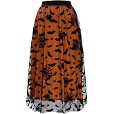 Cossoul Halloween Tulle Skirt Women Pumpkin Elastic Waist Layered Mesh Midi Halloween Witch Skirt