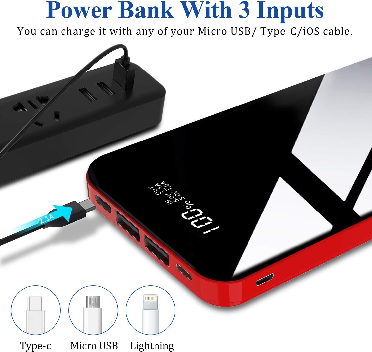 Todamay Power Bank 26800mAh Portable Charger High Capacity External Phone Battery Pack LCD Display C Input, 2 Outputs Ultra Compact Quick Charge Power Banks for iPhone,Samsung Android etc. Red 2020