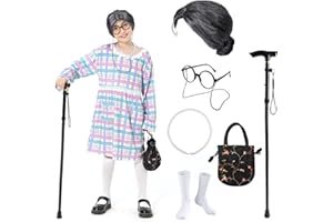 FAYBOX Old Lady Wig Costume for Kids,100 Days of School Costume for Girls,Grandma Granny Costume Wig for Halloween Cosplay