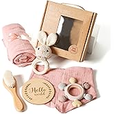 YOUUYS Baby Gift Set for Newborn - Baby Essential Bath Basket Easter Gift Set with Baby Blanket Baby Rattle Teether Toy & Hair Brush Newborn Shower Gift for Easter Day Baby Girls Boys 6PCS (Bunny)