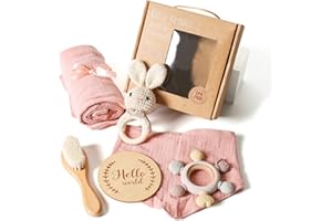 YOUUYS Baby Gift Set for Newborn - Baby Essential Bath Basket Easter Gift Set with Baby Blanket Baby Rattle Teether Toy & Hair Brush Newborn Shower Gift for Easter Day Baby Girls Boys 6PCS (Bunny)