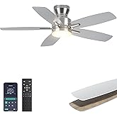 Ohniyou Ceiling Fans with Lights, 42'' Low Profile Ceiling Fan with Light and Remote/APP Control, Modern Flush Mount Ceiling Fan for Indoor Bedroom Kitchen, Dimmable, Qiuet DC Motor, Silver